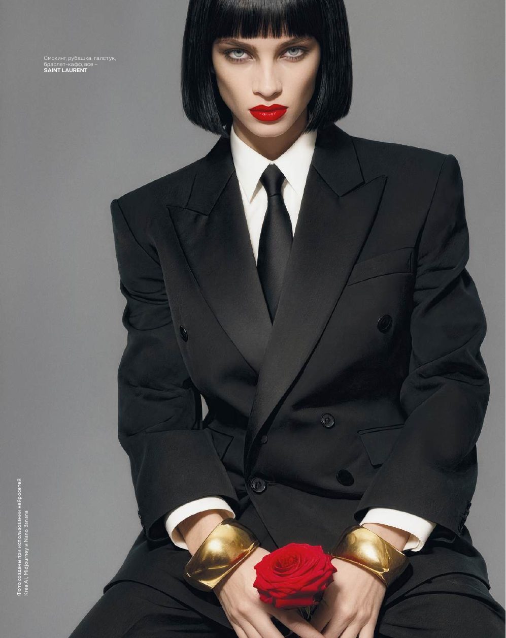 Модель в чёрном смокинге Saint Laurent с красной розой, cover story Gatefold #3